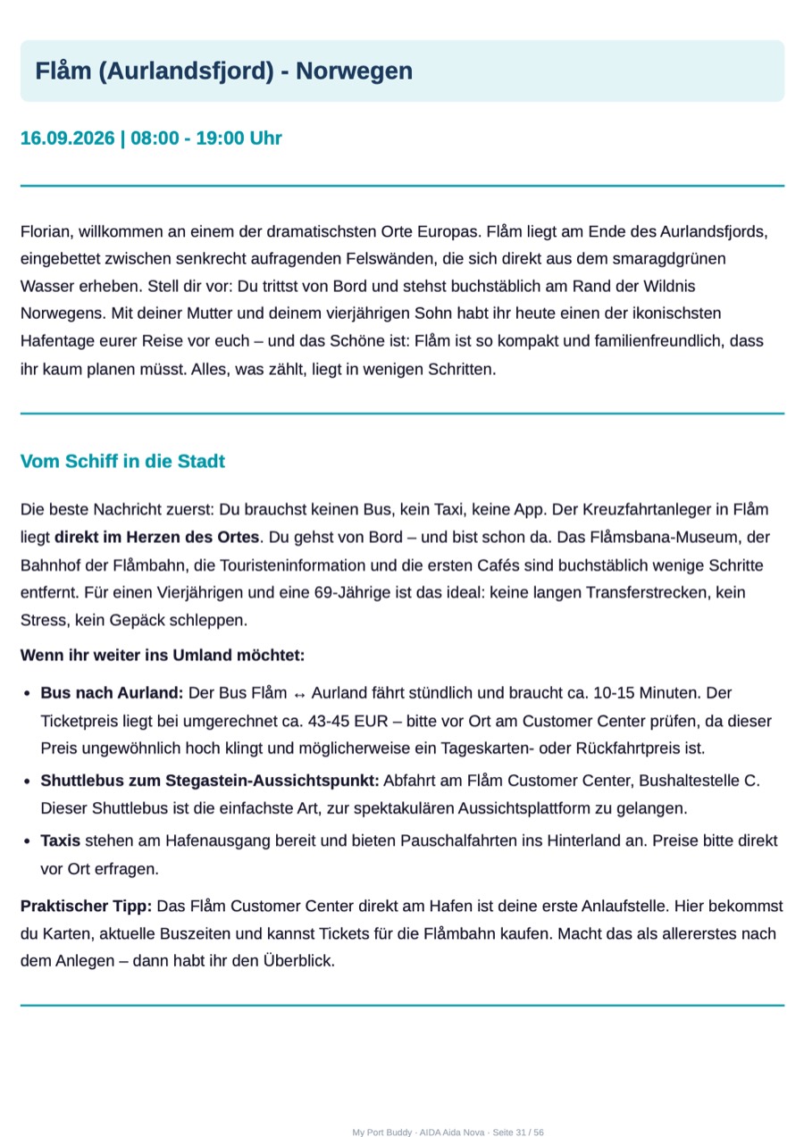 Musterseite: Hafenkapitel Flåm mit Liegezeit, Wegbeschreibung, Buslinien und Preisen