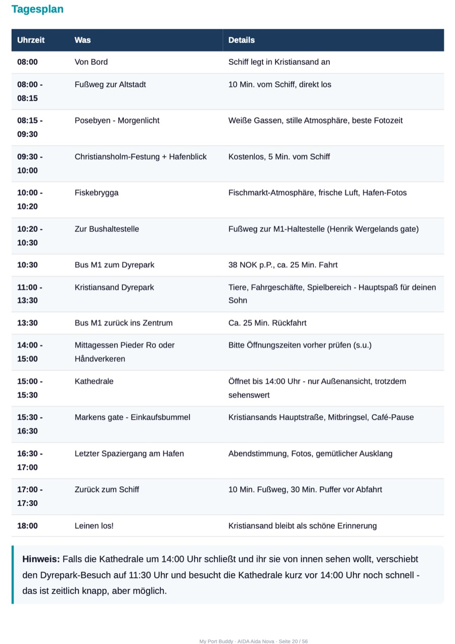 Musterseite: Tagesplan Kristiansand als Tabelle mit Uhrzeiten von 08:00 bis 18:00